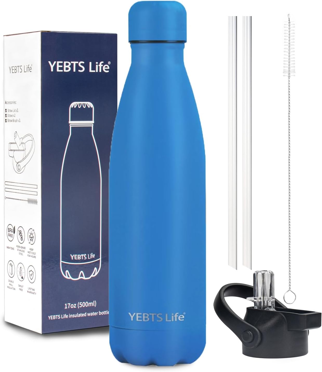 Insulated Water Bottle, 17oz Stainless Steel Water Bottles with straw lid, Metal Sports Water Bottles for Boys,Girls, Double Wall Vacuum BPA-Free Flask for School, Sports (Ocean Blue)