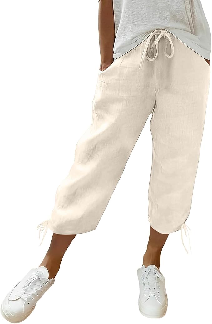 Linen Capri Pants for Women Drawstring Elastic Wide Leg Trouser 2026 Summer by Unknown