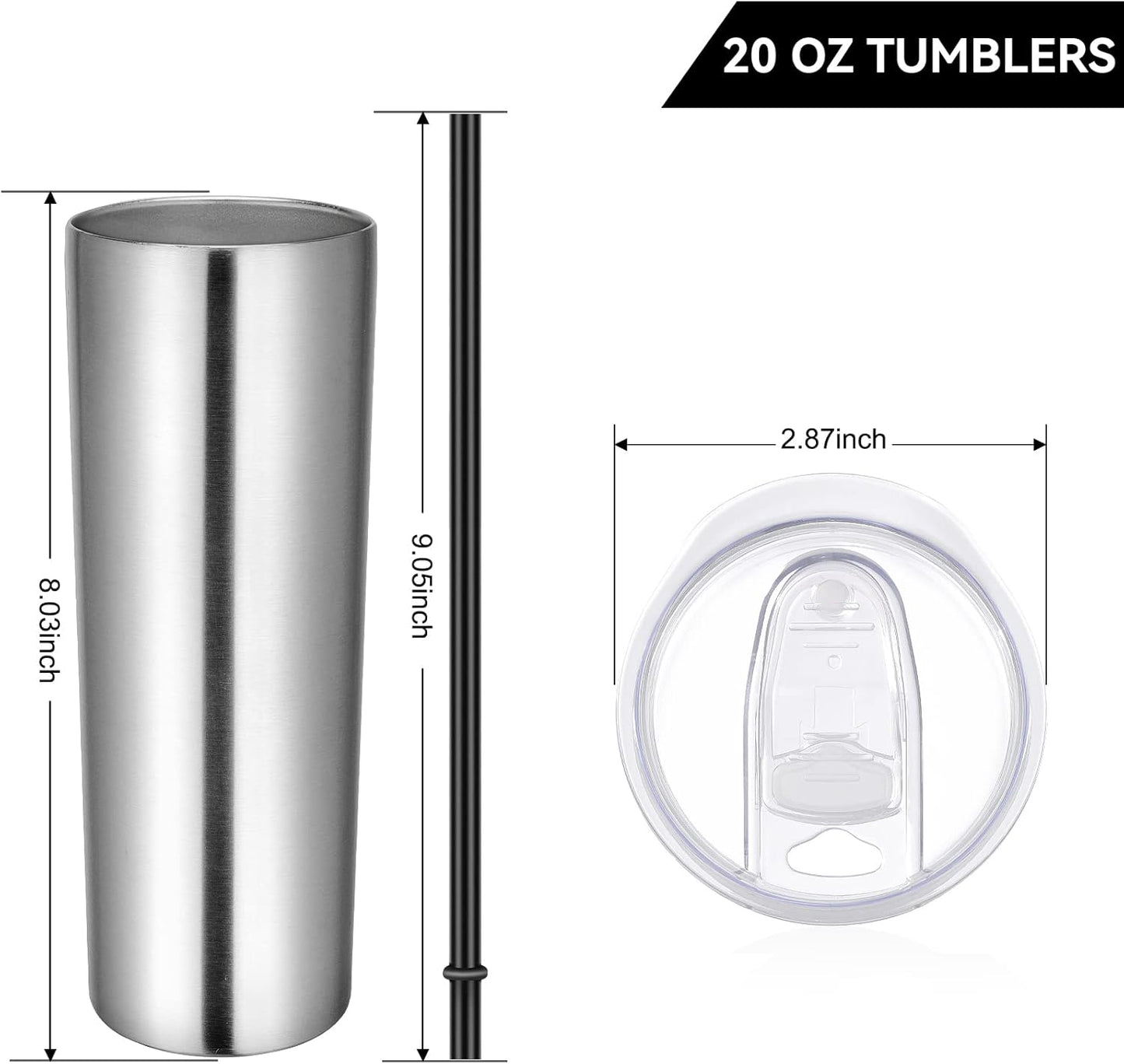 VEGOND Stainless Steel Tumblers Bulk 6 Pack, 20 oz Vacuum Insulated Skinny Tumblers with Lid and Straw, Double Wall Coffee Mug, Travel Water Cup