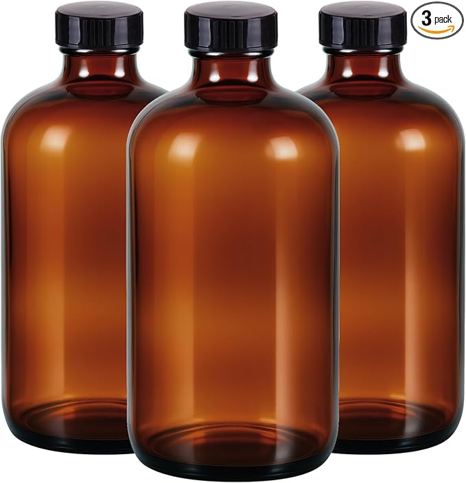 3 Pack, 16 OZ Amber Glass Bottles Boston Round Sample Refillable Bottles by Elumeiro
