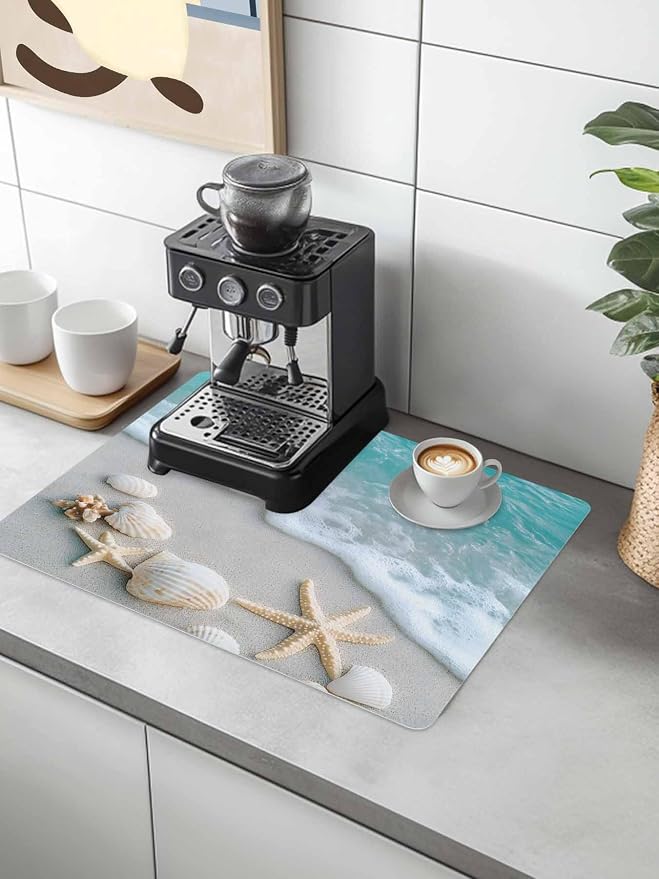 Teal Beige Coffee Mat Beach Starfish Seashell Sand Sea Waves Scenery Absorbent - Image 2
