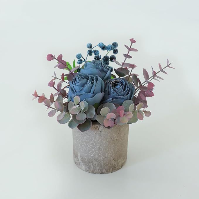 Small Artificial Burnt Blue Rose Potted Plant, Mini Faux Floral Arrangement by RosscerArtificialFlowers