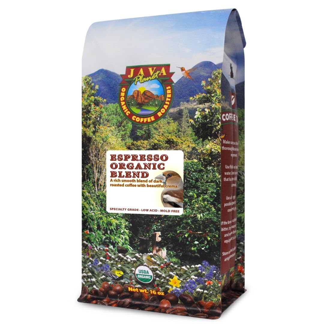 Low Acid Organic Coffee – Whole Bean, Mold-Free & Stomach Friendly by Java Planet, Espresso Blend Coffee, Dark Roast, Smooth Full Flavored, 1LB Bag