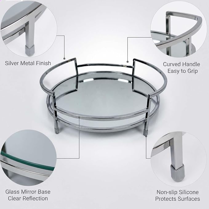 Round 12" Silver Mirror Decor Tray, Metal Mirror Serving & Glass Vanity & - Image 6