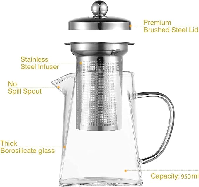 Square Glass Teapot, 950 ml Borosilicate Tea Pot - Image 4