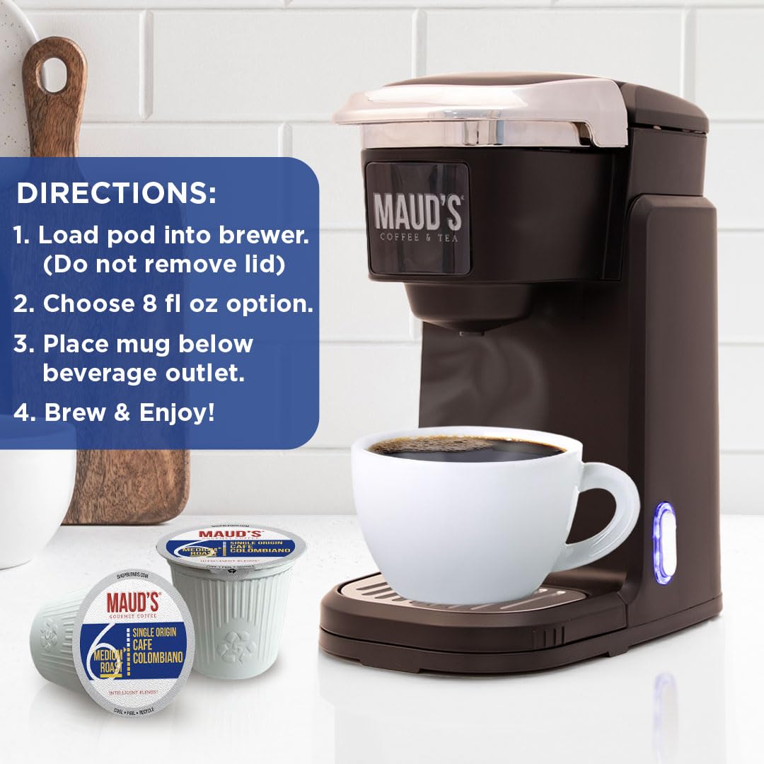 Maud's Columbian Coffee Pods, 18 ct, Single Origin, Medium Roast Coffee in Recyclable Single Serve Pods – 100% Arabica Coffee, Compatible with Keurig K Cups Maker