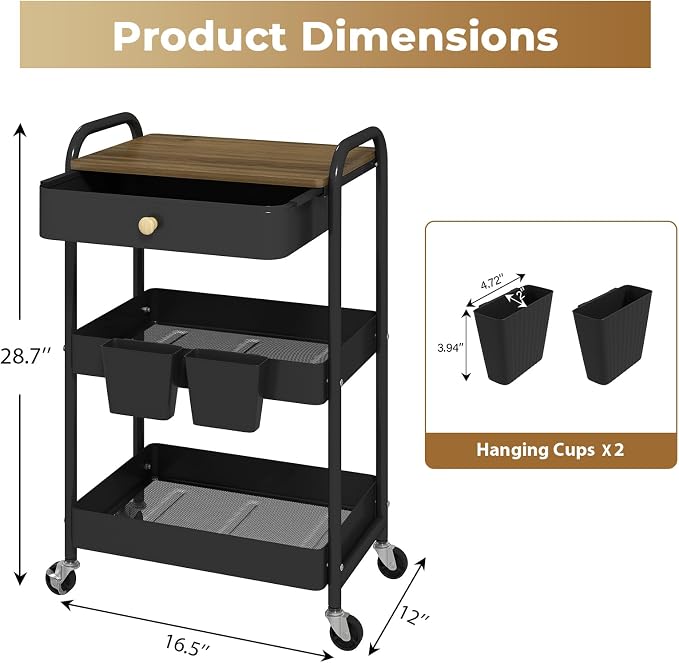 danpinera Rolling Cart with Drawers, Hooks & Hanging Cups - Image 2