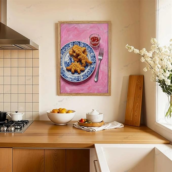 Framed Funny Kitchen Wall Art 24x36 inch Dining Room Food Canvas Poster Dino - Image 4