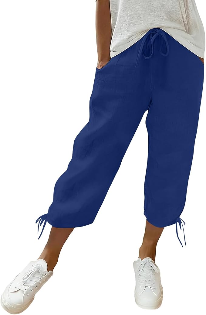 Linen Capri Pants for Women Drawstring Elastic Wide Leg Trouser 2026 Summer by Unknown