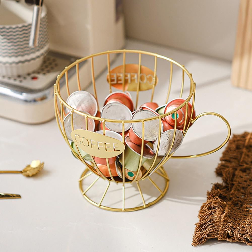 Extra Large Capacity Coffee Pod Holder, Counter Organizer, Capsule Basket, Coffee Bar Accessories for K-cup Kitchen, Dining Room, Office, Home, Cafe, Hotel (Gold)