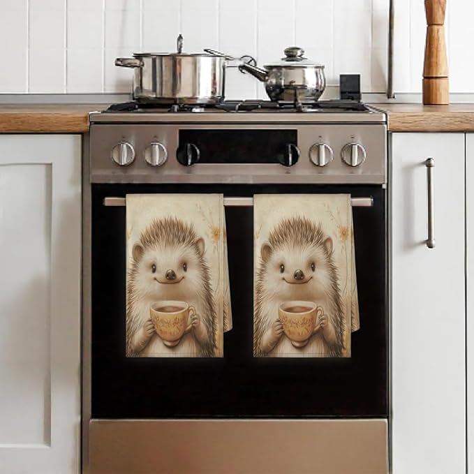 Vintage Hedgehog Kitchen Towels Set of 2 Coffee Cup Dish Towels Bar Absorbent - Image 7
