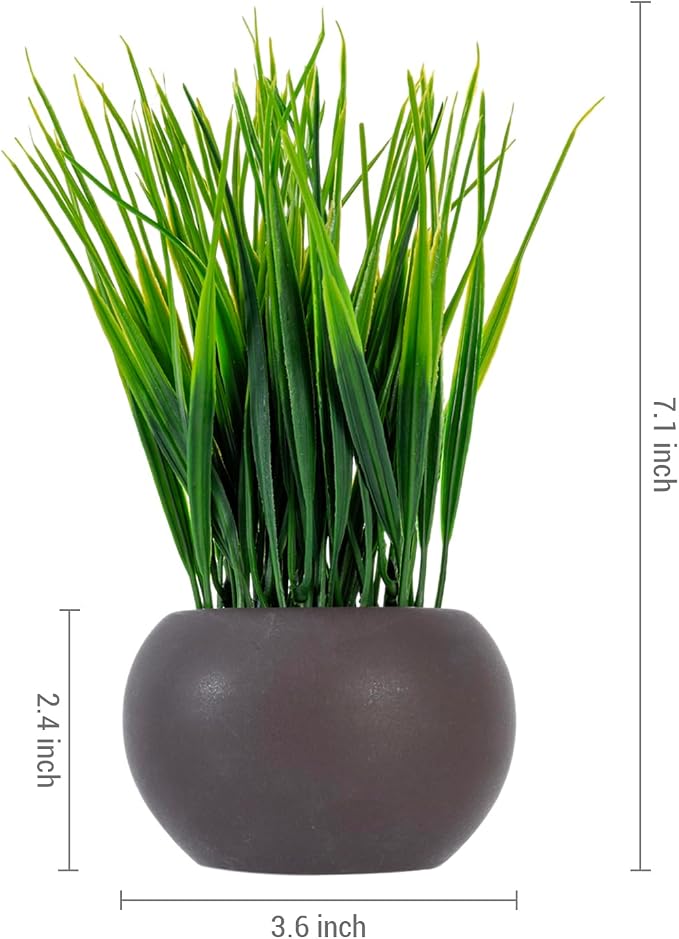 MyGift 7 Inch Tall Modern Mini Artificial Grass Plants in Small Round Brown - Image 5