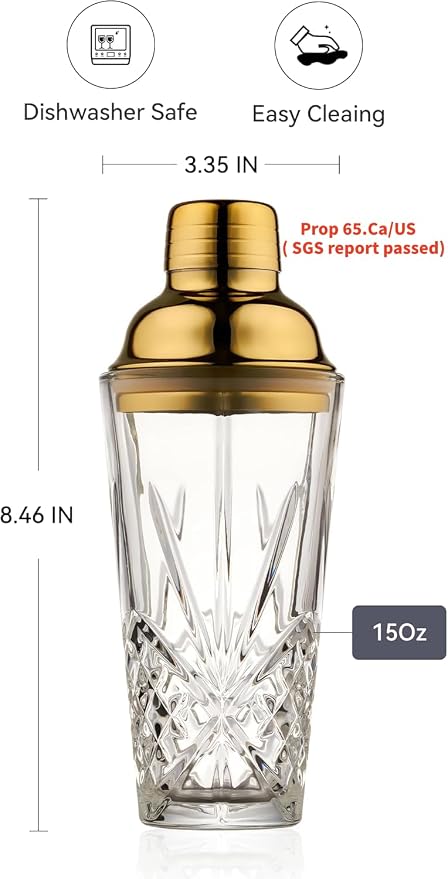 15oz Gold Lid Crystal Cocktail Shaker, Lead-Free Glass - Image 7