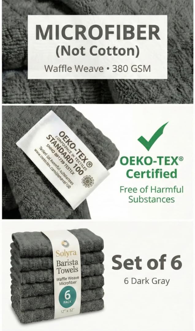 Solyra Barista Towels, 6 Pack, 12 x 12 in, Dark Gray | OEKO-TEX Certified - Image 2