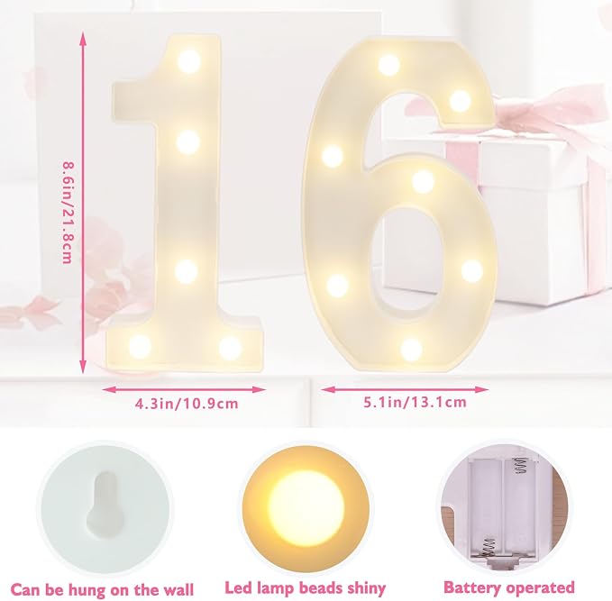 LED 16 Light Up Numbers, Sweet 16 Party Decorations - Image 2