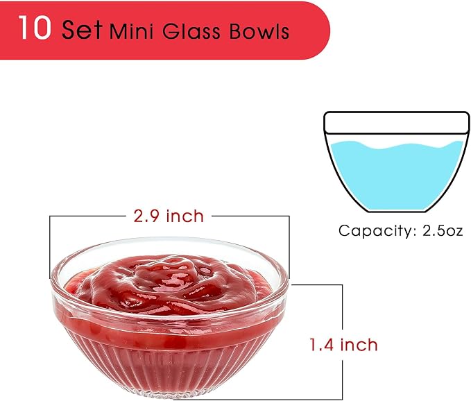 10 Set Mini Glass Prep Bowls, 2.5oz Ribbed Small Bowls Stackable Ingredient - Image 5