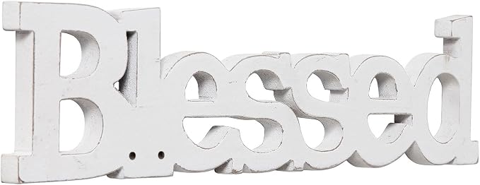 Farmhouse Wood Blessed Sign for Table 15", Hanging Distressed White Wall by Sintosin