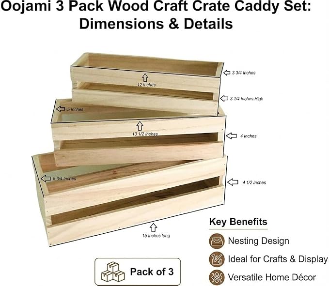 Oojami 3 Pack Wood Craft Crate Caddy Set | Nesting, Wood crates - Image 2