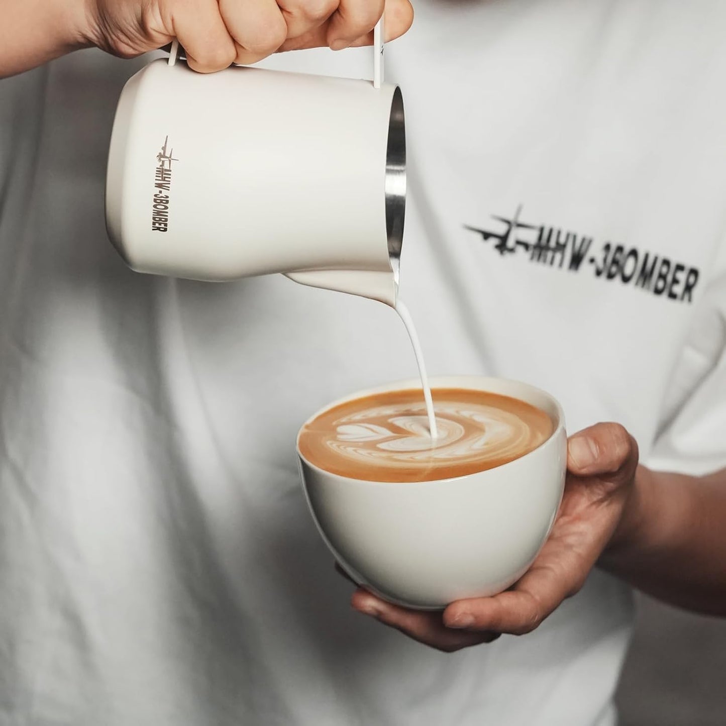MHW-3BOMBER Milk Frothing Pitcher 520ml/17.6oz Milk Frother Cup Espresso Steaming Pitcher Stainless Steel Milk Frother Cup Barista Latte Art Round Spout Milk Jug, Cream white P6019W-OS