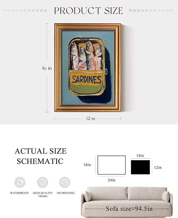 ARPEOTCY Gold Framed Canvas Wall Art, 12x16 Inch Vintage Sardines Can Painting - Image 5