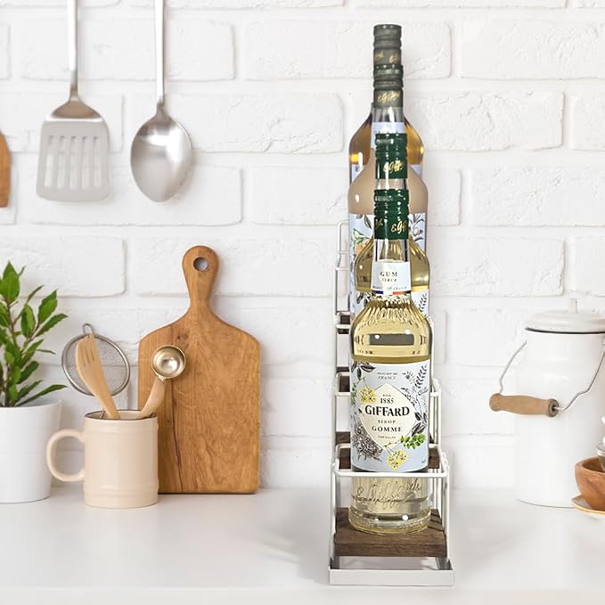 J JACKCUBE DESIGN Syrup Bottle Holder Rack, Rustic Wood and White Metal Wire 4 - Image 5
