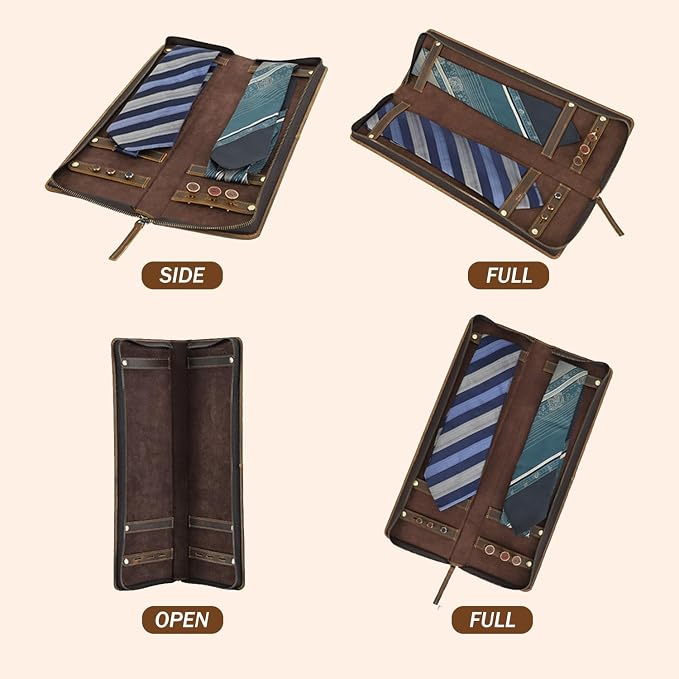 Travel Ties Case, Genuine Leather Portable Necktie Cufflinks Storage Box - Image 6