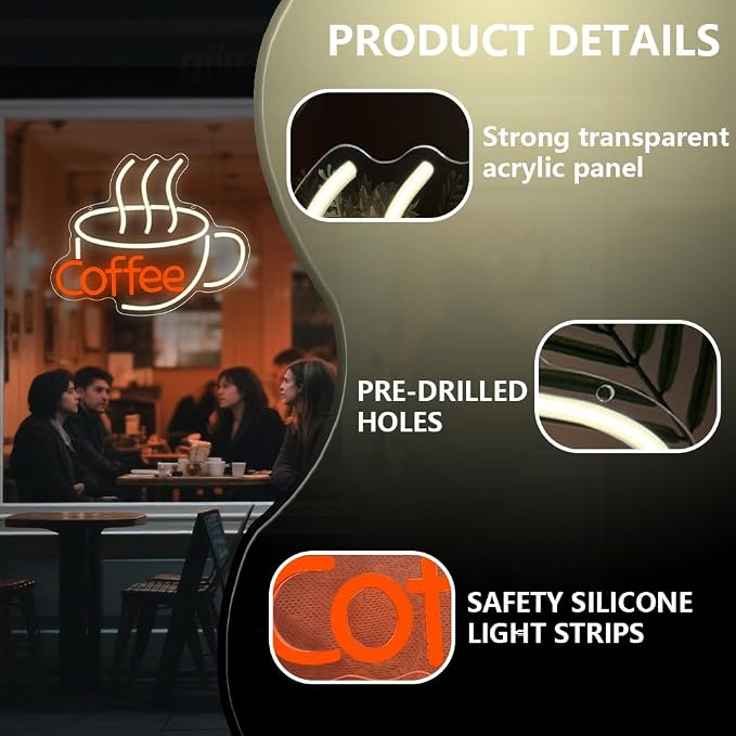 Coffee Neon Sign, Warm White Dimmable LED Light Signs - Image 8