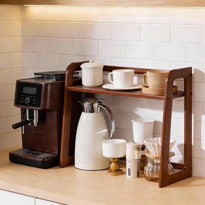 Natural Bamboo Coffee Station Organizer, 2-Tier Wooden Kitchen Counter Shelf - Image 2