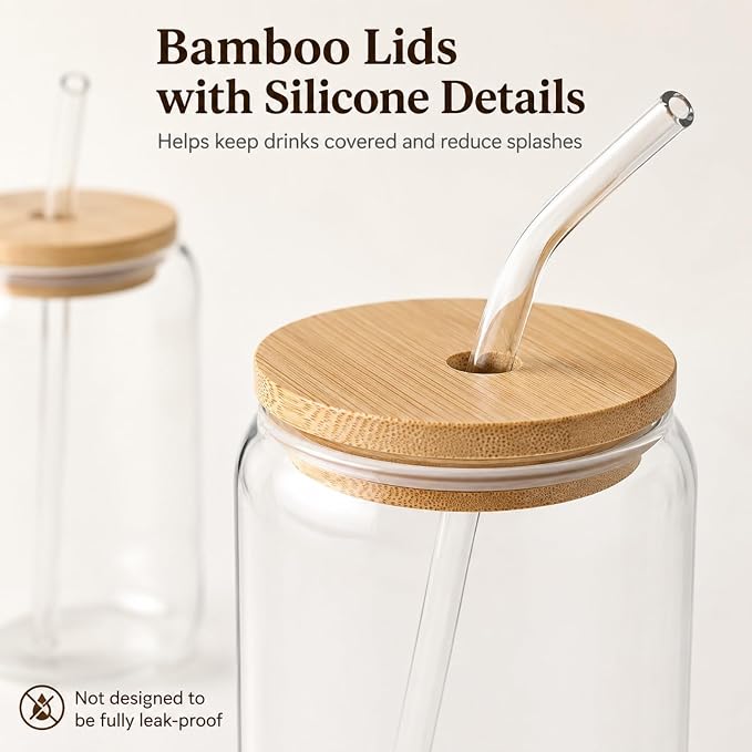 Glass Cups with Lids and Straws 2 Pack, 16 oz Iced Coffee Cups with Bamboo Lids - Image 5