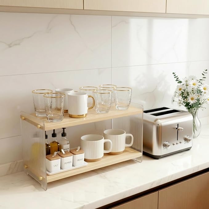Coffee Station Organizer 2 Tier, Solid Wood Mug Shelffor Coffee Bar, Matcha - Image 5