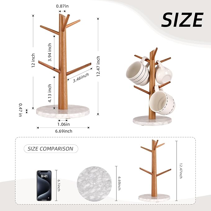 Acacia Wood Mug Tree, Marble Base Coffee Mug Tree - Image 3