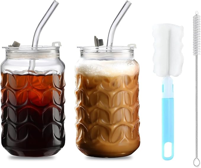 Jiuchen Glass Cups with Lids & Glass Straws 2PCS Set 18oz by Unknown