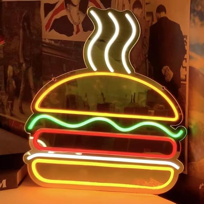 Burgers Neon Sign for Wall Decor Dimmable Hamburger Led Neon Light Business by Unknown