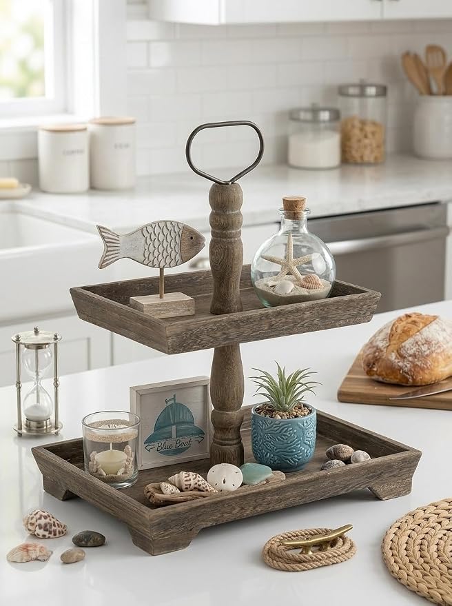 Hanobe Tiered Tray for Table Decor: 2 Tier Coastal Beach Decorative Stand | - Image 3