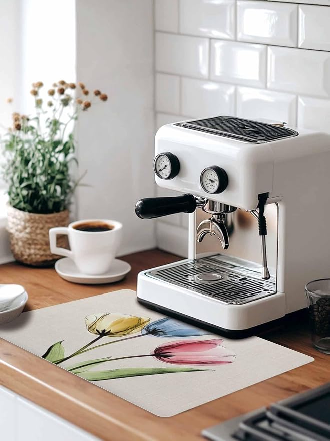 Red Yellow Blue Tulips Coffee Mat Transparent Floral Linen Retro Absorbent Bar - Image 9