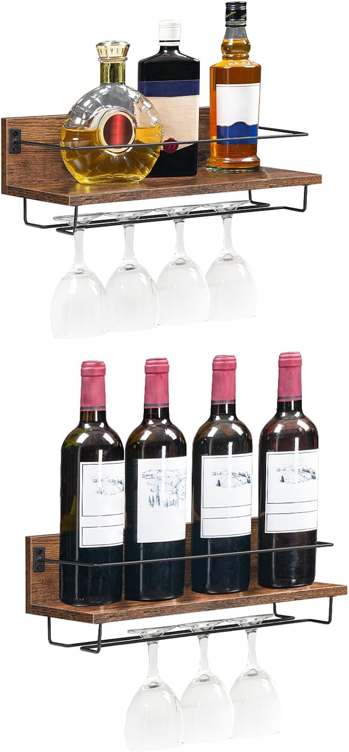 HOOBRO Wall Mounted Wine Rack 2 Pack, Hanging Wine Shelves, Wine Glass Bottle - Image 9