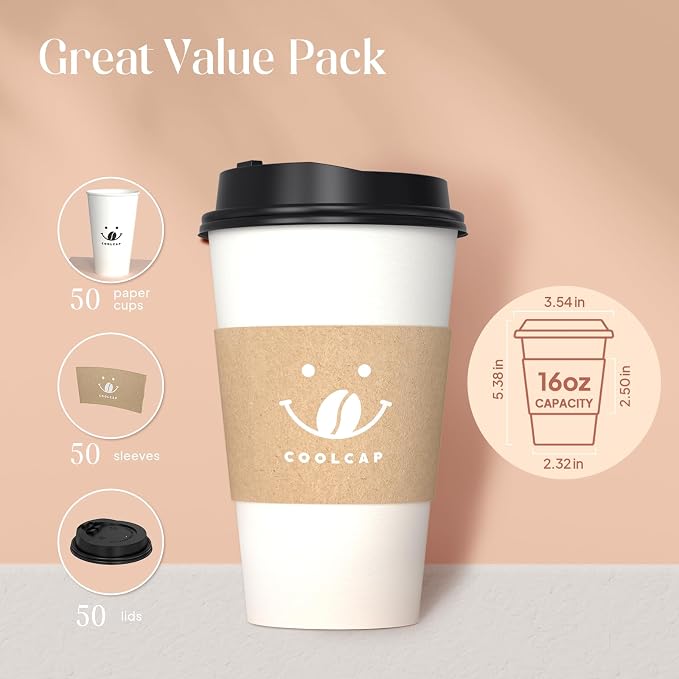 Coffee Cups with Lids and Sleeves, 16 oz 50 pack To Go Cups with Lids, Paper - Image 2
