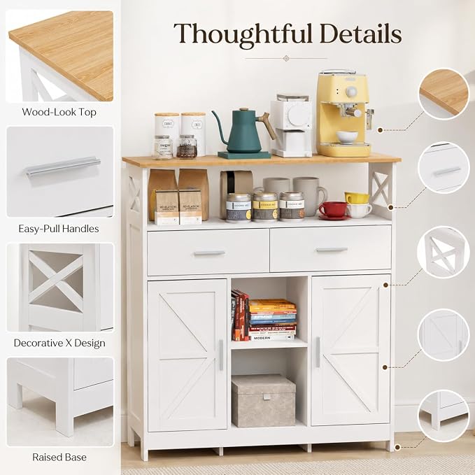 Coffee Bar Cabinet with Storage, 35.4" Kitchen Storage Cabinet with 2 Drawers - Image 7