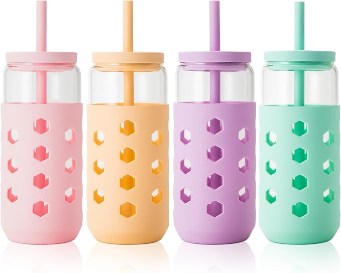 Mrsdry 20 oz Glass Cups With Lids and Straws, Cute Drinking Glasses Set by Mrsdry