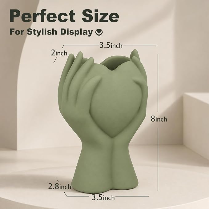 8 Inch Heart Hand Green Ceramic Vase - Image 7