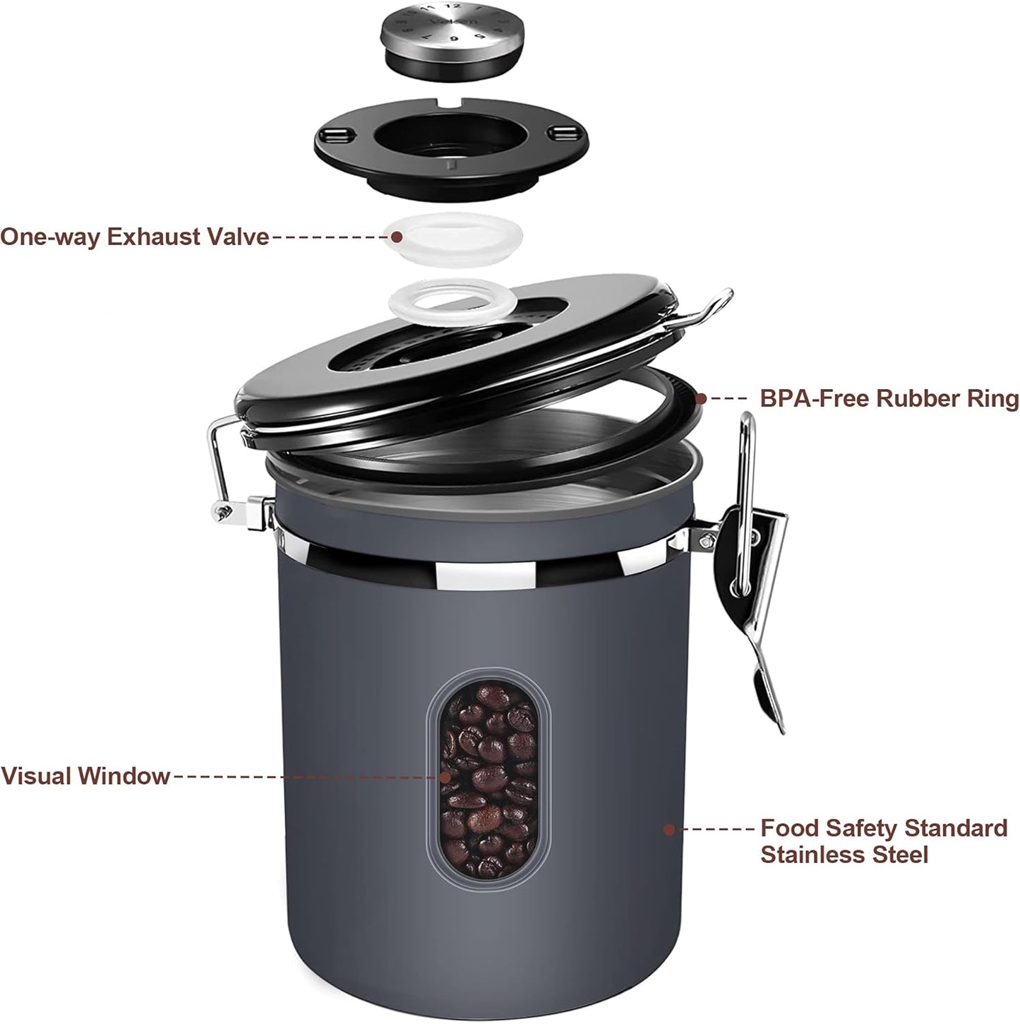1800ML Airtight Coffee Canister with Date Tracker&Transparent Window, 22.8OZ Coffee Container with 30ML Measure Spoon&4 co2 Valve, Coffee Bean Storage Container for Grounds Coffee, Beans, Tea(Gray)