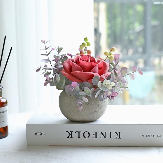 Small Artificial Pink Rose Potted Plant, Mini Faux Floral Arrangement - Image 5