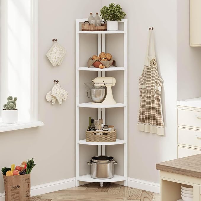 FATORRI Tall Corner Shelf, 5 Tier Modern Corner Bookshelf Stand, Wood and Metal - Image 8