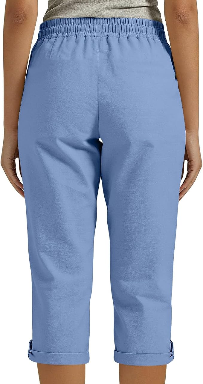 Drawstring Capri Linen Pants Women Elastic Waist Straight Leg Pant Summer Beach - Image 7