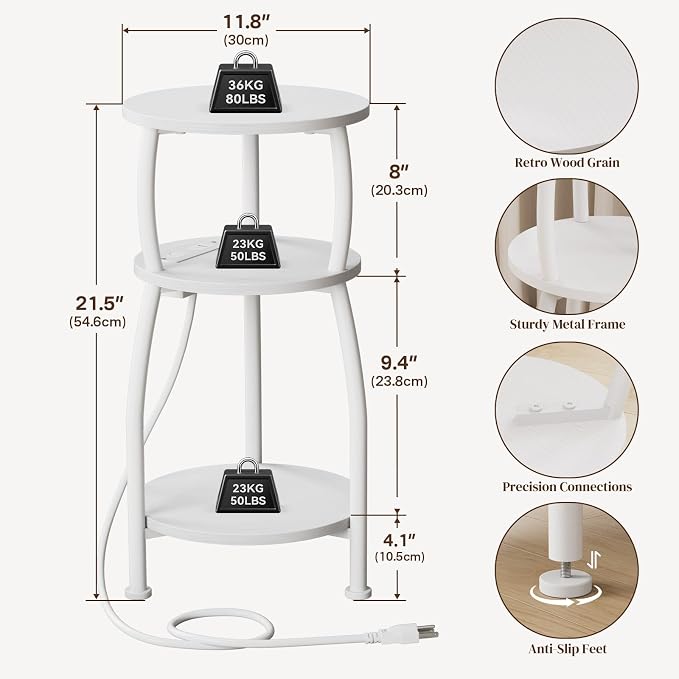 Round Side Table with Power Outlet & USB Ports, 3-Tier End Table with Storage - Image 3