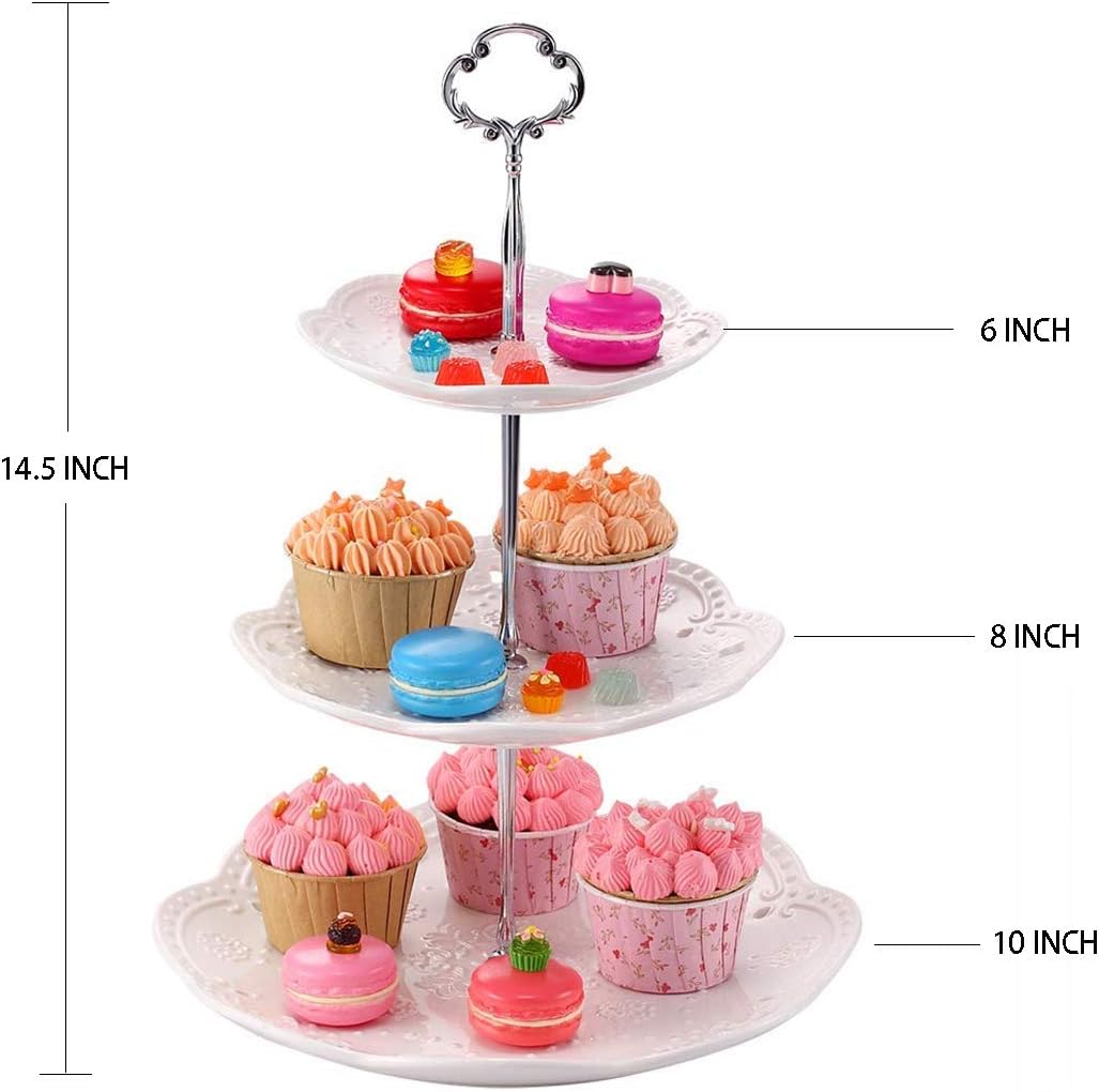 BonNoces 3-Tier Porcelain Cupcake Stand Serving Tray - White Embossed Elegant Dessert Cake Stand - Pastry Serving Stand for Tea Party, Wedding and Birthday