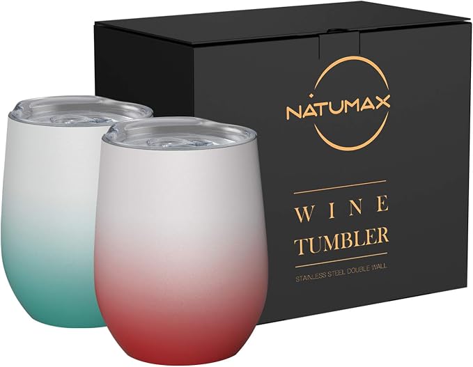 Insulated Wine Tumblers with Lid, 12 oz Stainless Steel Stemless Wine Glasses by NATUMAX