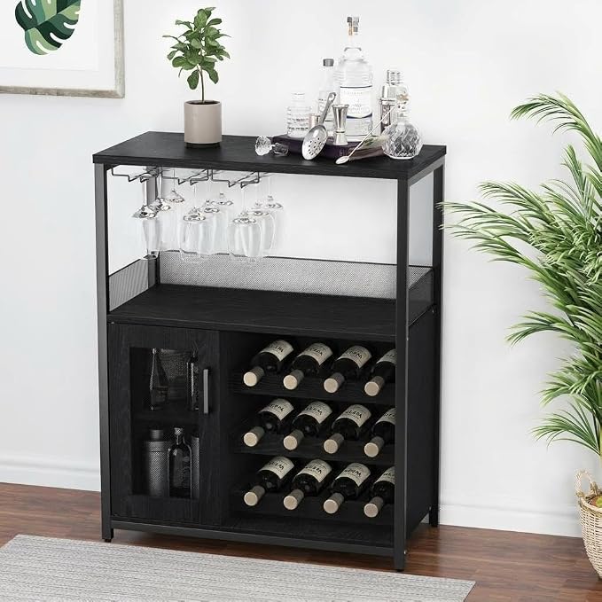 Jojoka LED Lighted 3-Tier Wine Bar Cabinet, Freestanding Sideboard Buffet by Jojoka