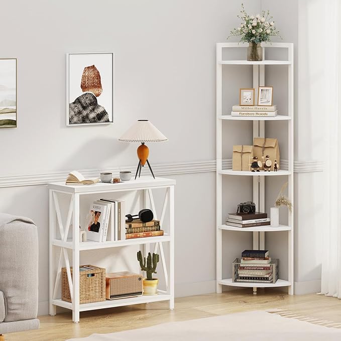 FATORRI Tall Corner Shelf, 5 Tier Modern Corner Bookshelf Stand, Wood and Metal - Image 7