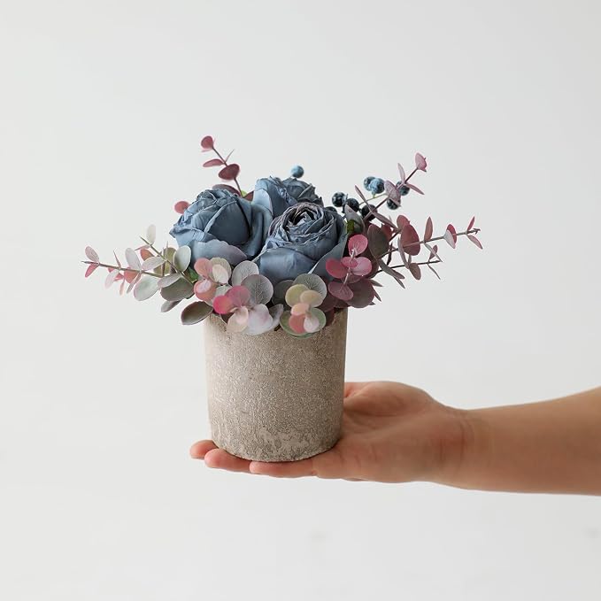 Small Artificial Burnt Blue Rose Potted Plant, Mini Faux Floral Arrangement - Image 3